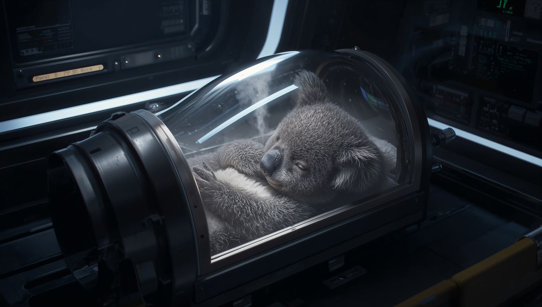 Sleeping koala curled peacefully inside futuristic incubator pod in sterile research lab