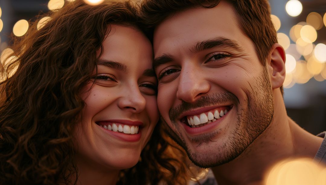 Smiling couple leaning cheek-to-cheek under warm bokeh string lights, romantic evening