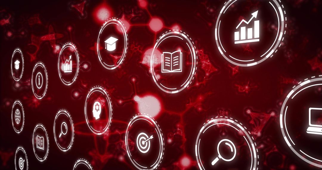 Futuristic Digital Icons on Dark Red Network Background