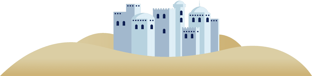 Medieval fortress city among sand dunes on transparent background