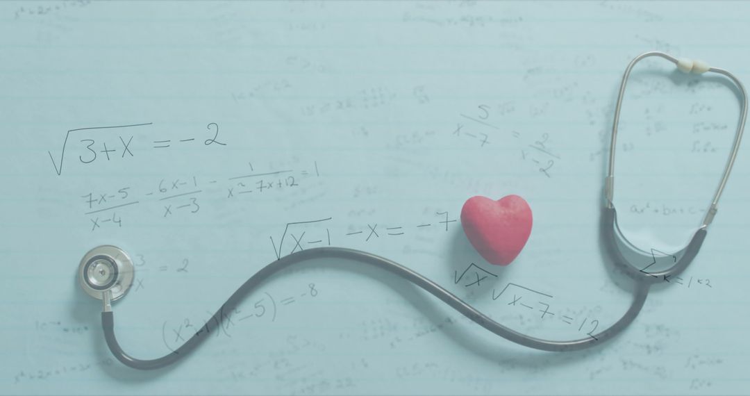 Stethoscope curving across pastel blue notebook with red heart and algebra notes study