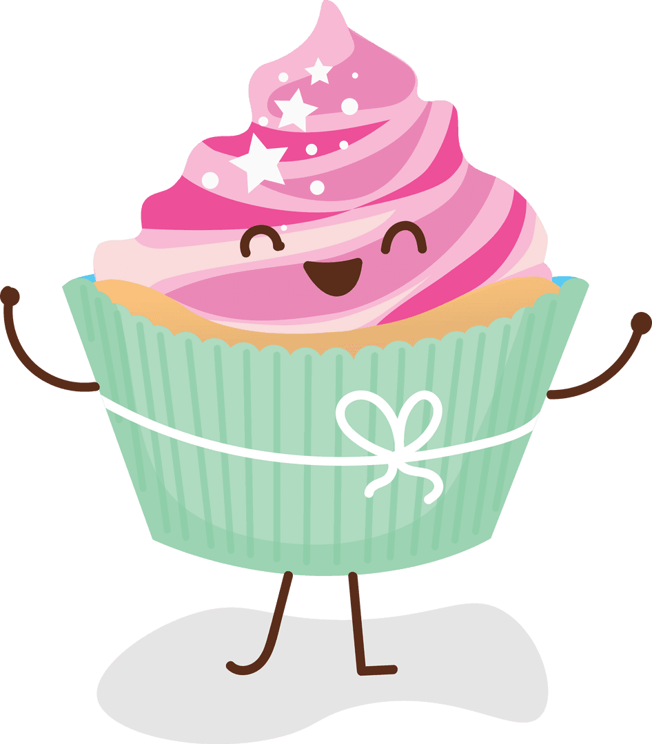 Happy Pink Cupcake with Stars and Hands on Transparent Background