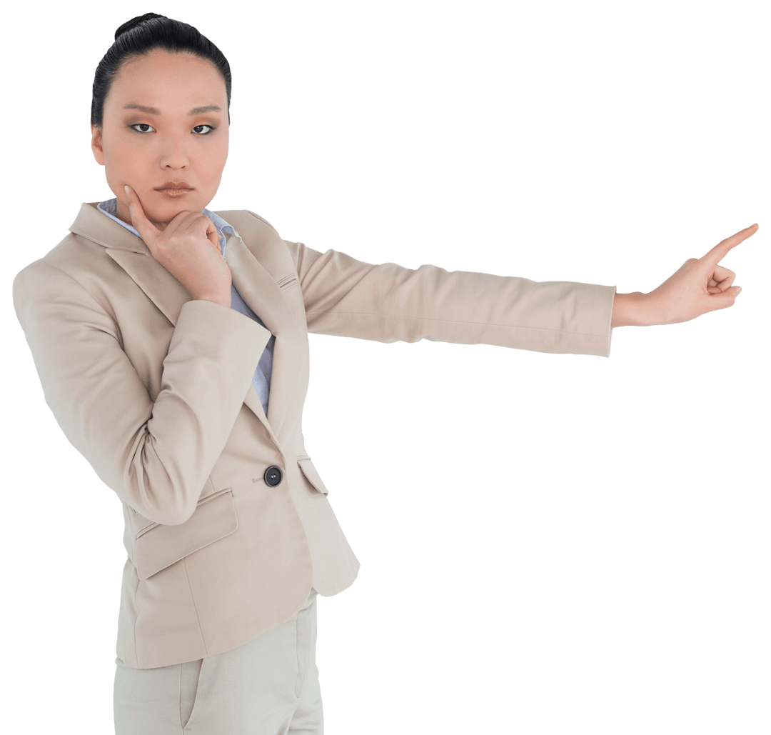 Professional Asian Businesswoman Pointing with Confidence on Transparent Background