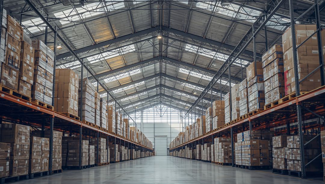 Vast Warehouse Interior with Tall Pallet Racks and Central Aisle