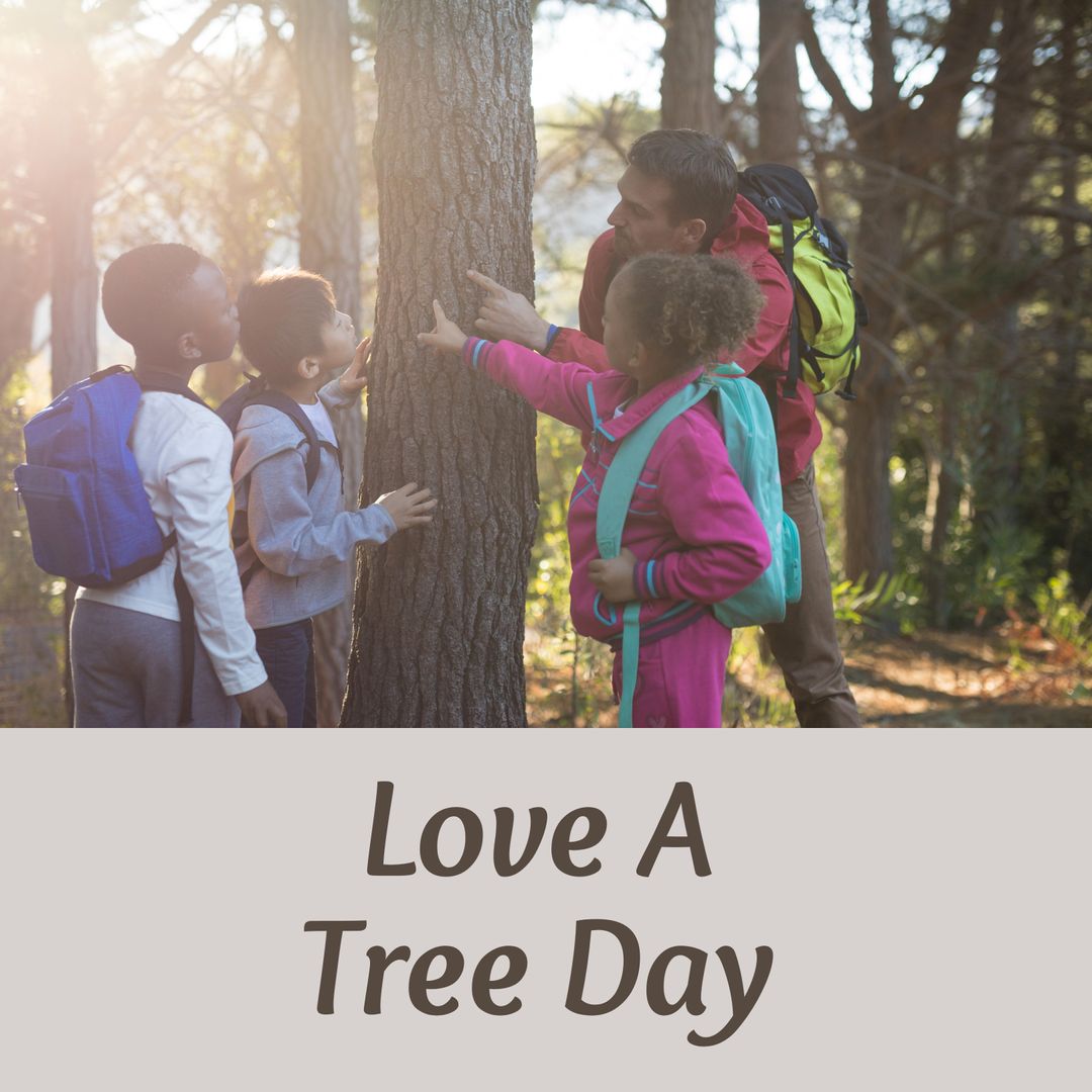 Group of Children and Teacher Exploring Tree in Forest