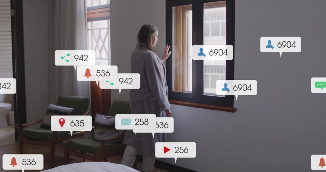 Woman Observing View with Overlay of Social Media Notifications