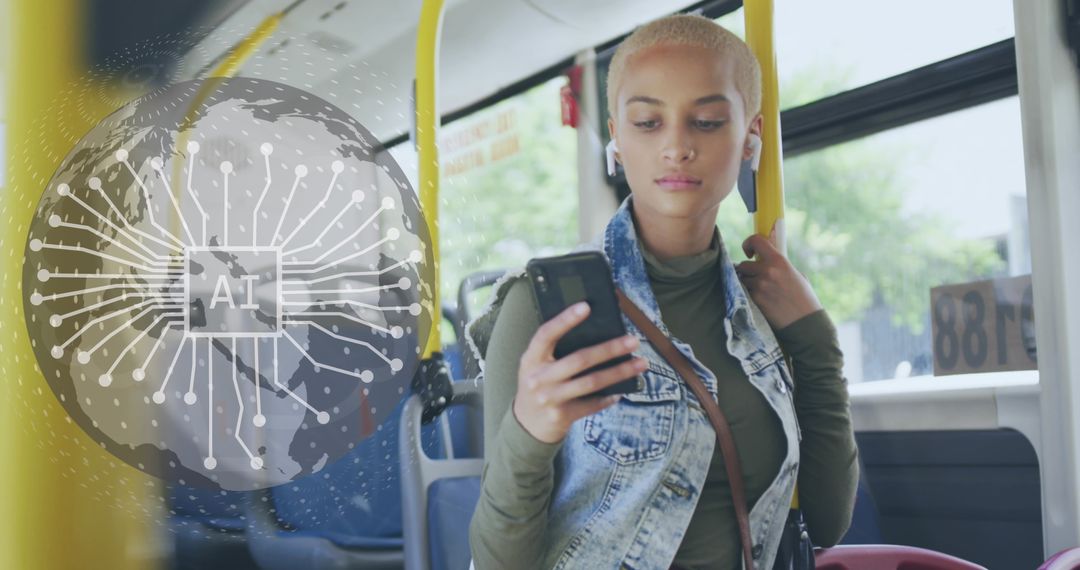 AI Data Processing with Modern Young Woman on Public Transport