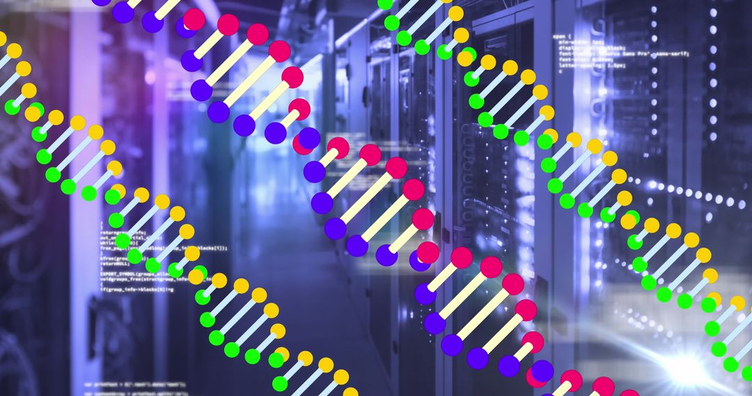 Digital DNA Strands Overlay on Data Center Servers