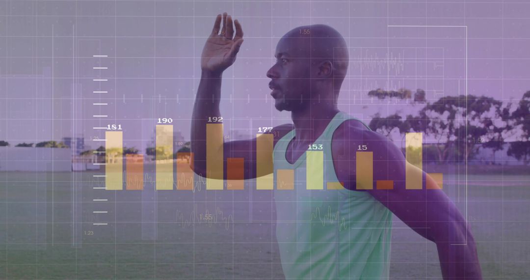 Athletic Man Sprinting with Performance Analytics Overlays