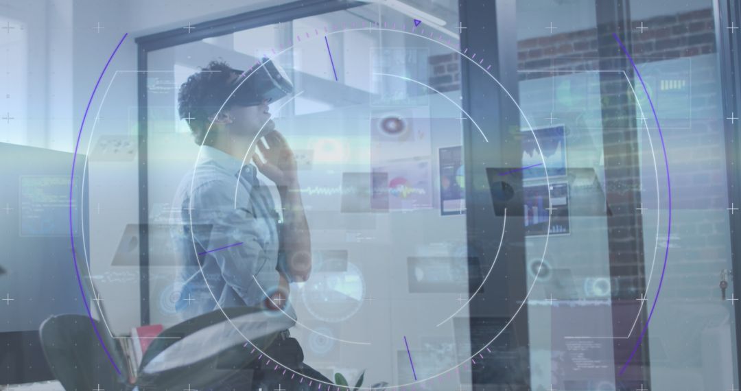 Businessman Using VR Headset in Futuristic Office with Data Overlay