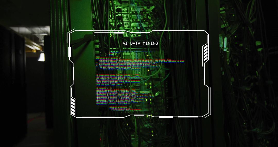 AI Data Processing in a Futuristic Server Room with Green Lighting