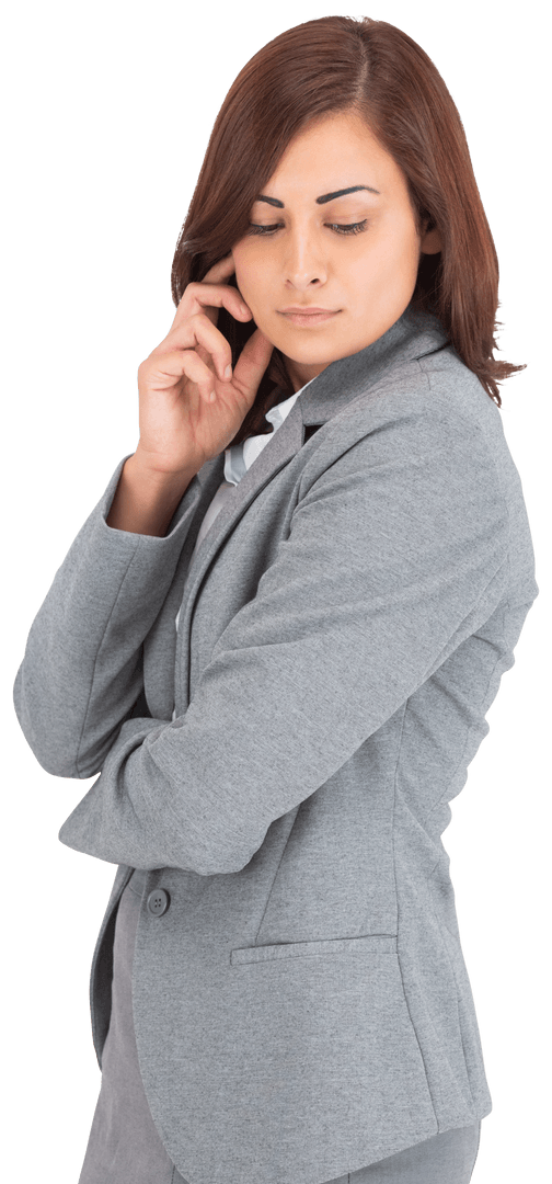 Thoughtful Businesswoman in Grey Suit on Transparent Background