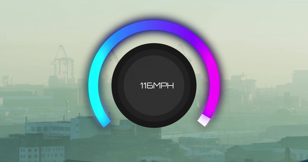 Digital Speedometer Display Over Futuristic Cityscape at 116 MPH