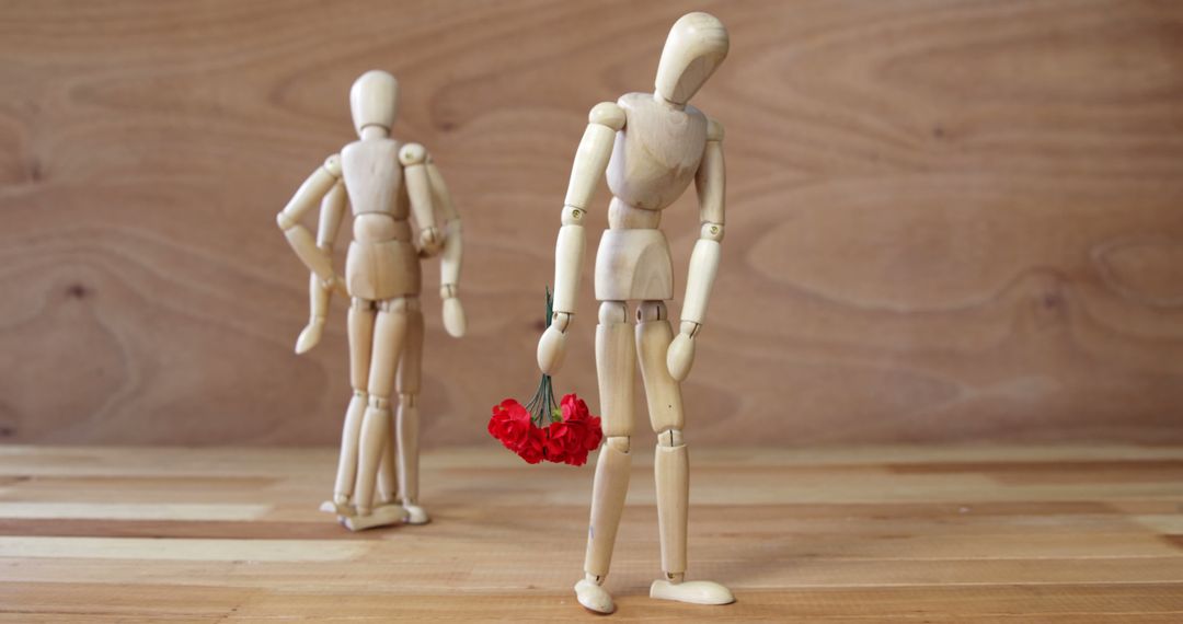 Romantic Gesture by Wooden Mannequins with Red Flower