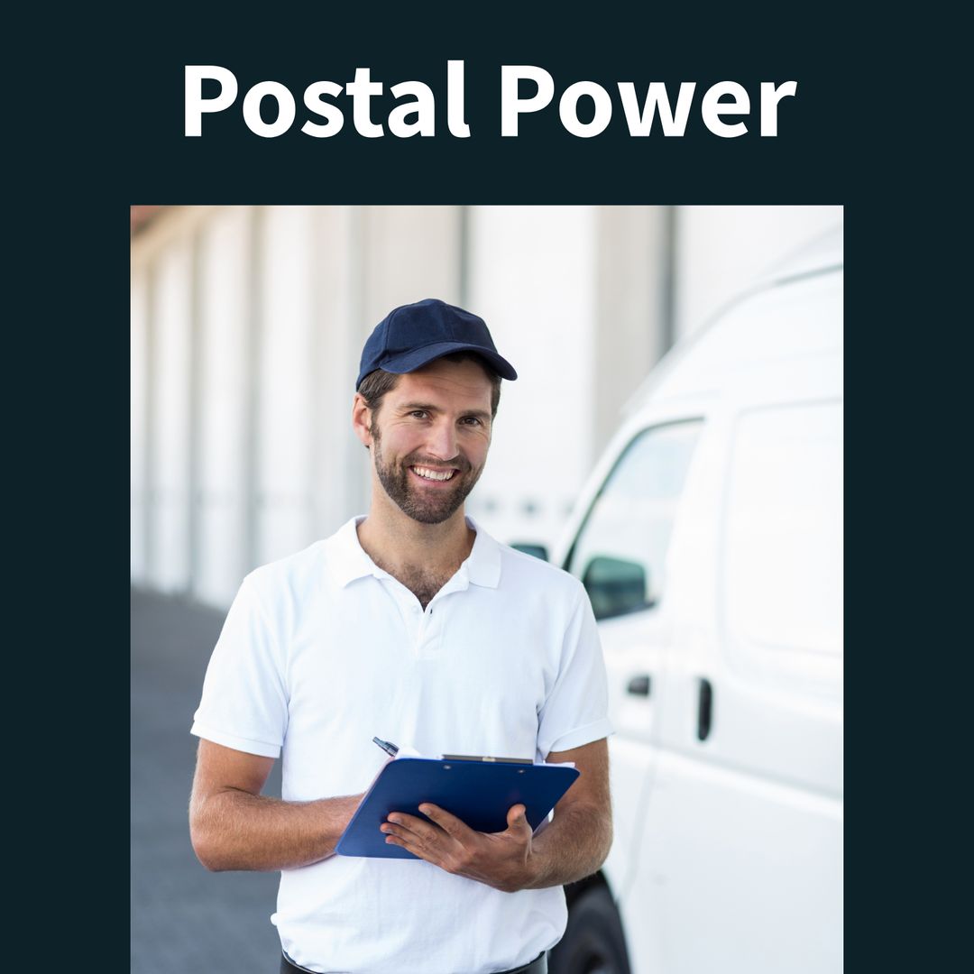 Smiling Delivery Man Holding Clipboard Near Delivery Van