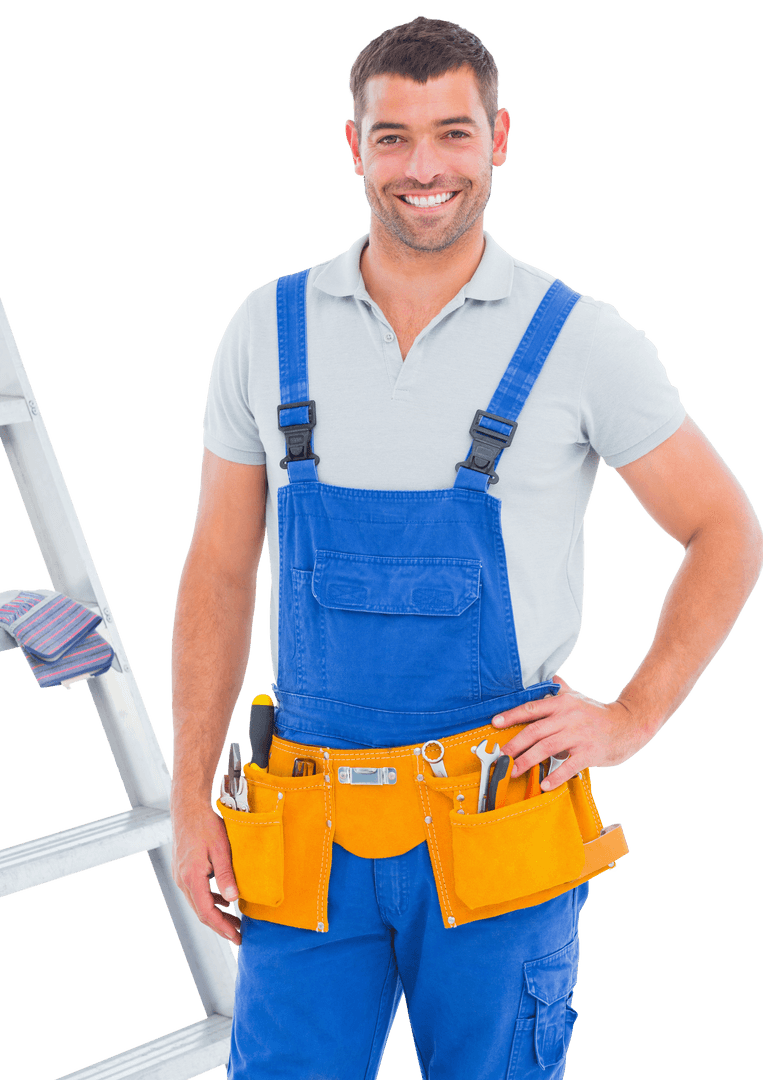 Content Handyman with Tools and Ladder on Transparent Background