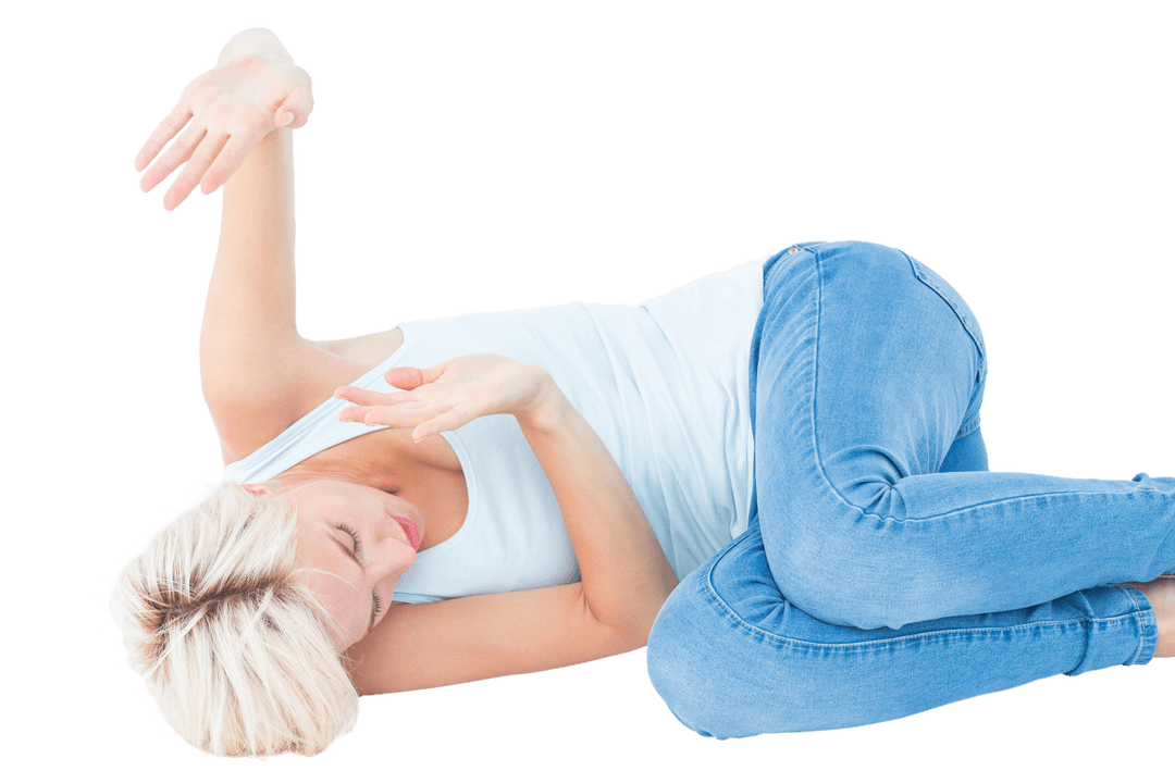 Transparent Image of Scared Woman Lying on Ground Protecting Herself
