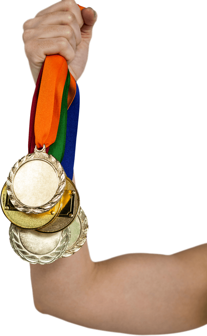 Athlete's Arm Holding Multiple Gold Medals on Transparent Background