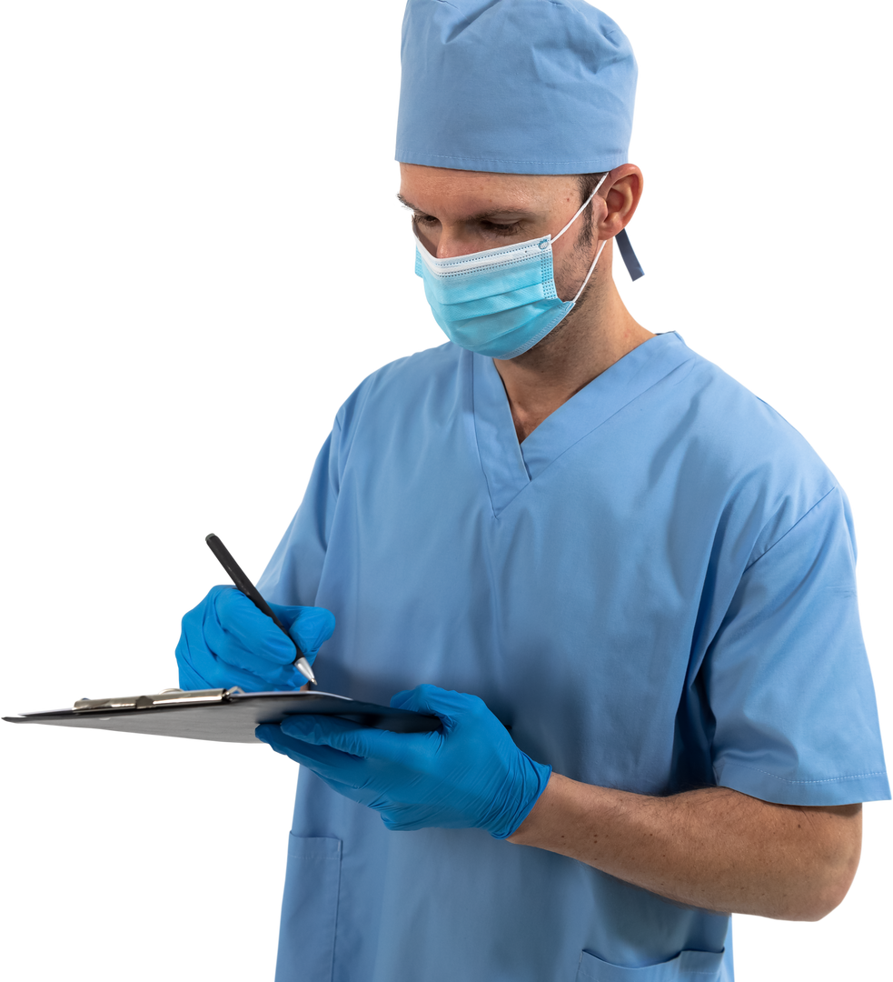 Transparent Health Worker Writing On Clipboard Wearing Scrubs And Face Mask - Download Free Stock Images Pikwizard.com