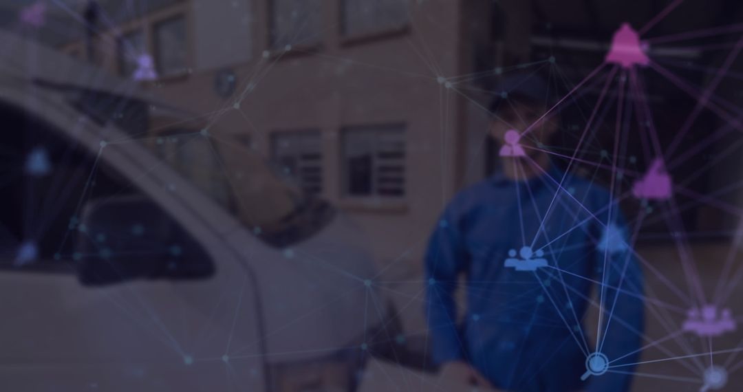 Technician by Cargo Van with Digital Connectivity Interface Overlay