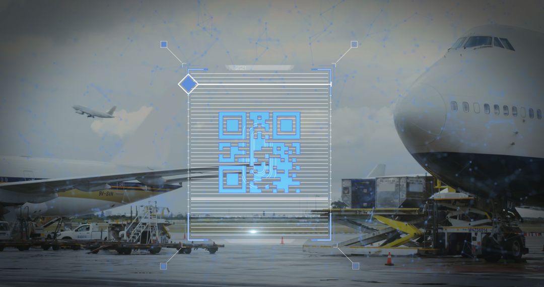 Digital QR Code Overlay with Plane at Airport