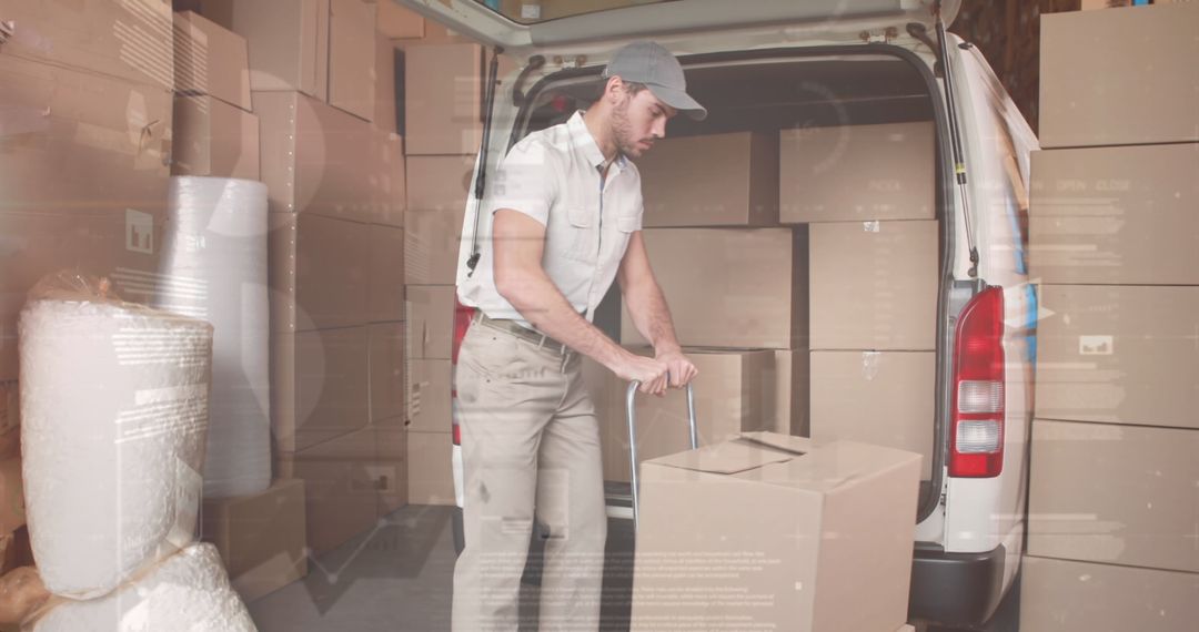 Delivery Worker Loading Cargo in Van with Digital Data Overlay