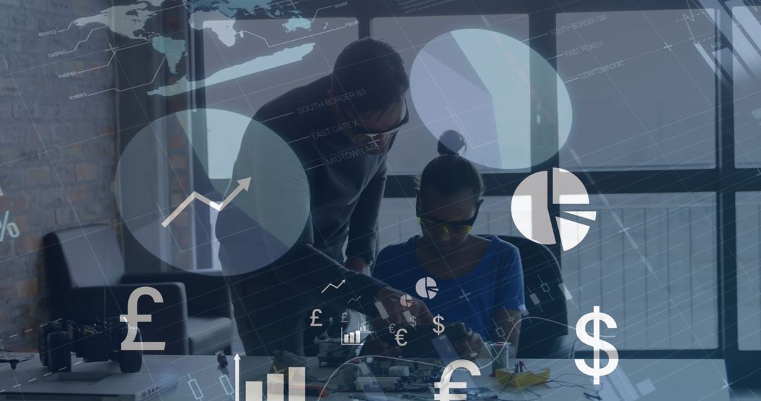 Financial Analysis Team with Digital Overlay in Modern Office