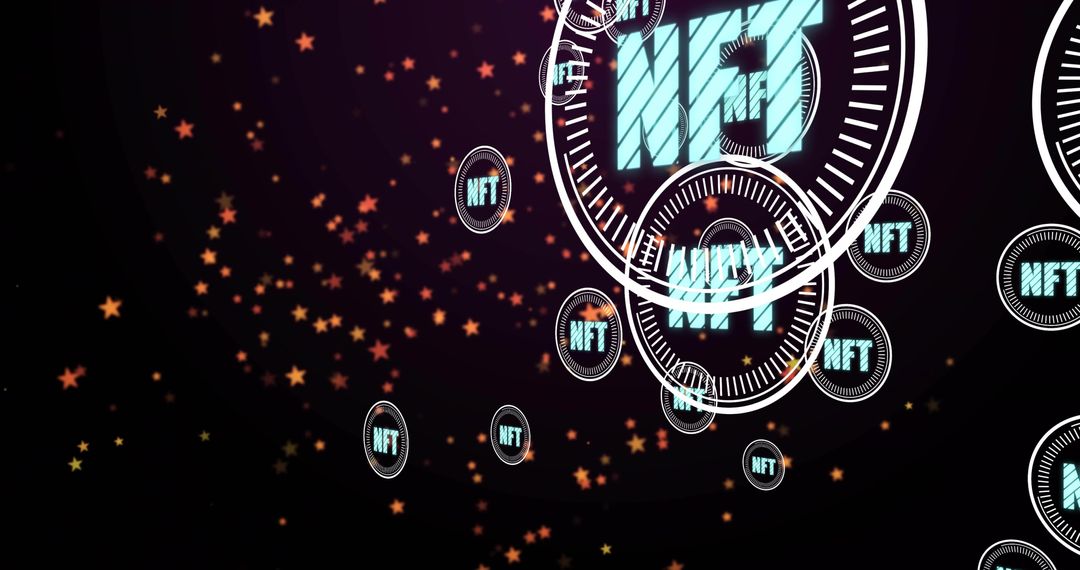 Floating NFT Token Over Neon Crypto Space with Orange Stars and Futuristic Glow