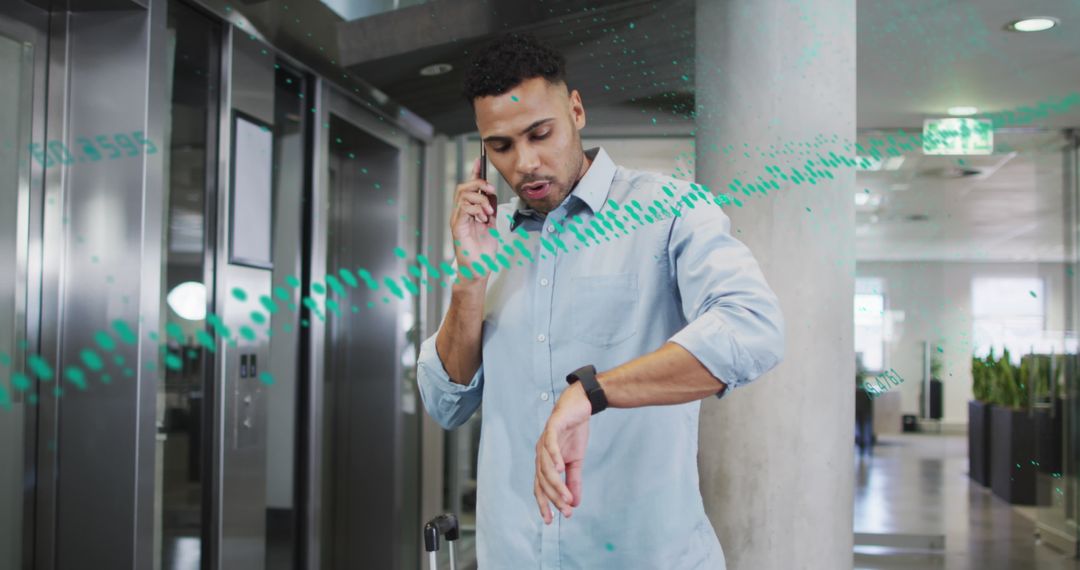 Businessman Analyzing Data on Smartphone and Smartwatch in Office