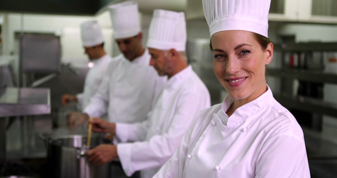 Smiling Female Chef in Professional Kitchen with Colleagues - Free Images, Stock Photos and Pictures on Pikwizard.com