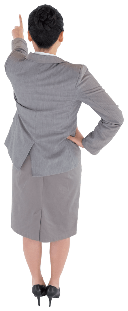 Transparent Image of Businesswoman in Gray Suit Pointing Finger