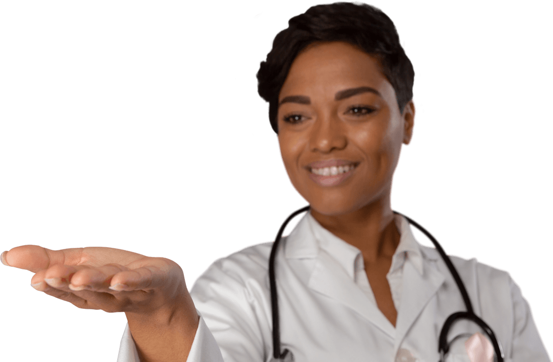Smiling Nurse Offering Transparent Display With Open Hand