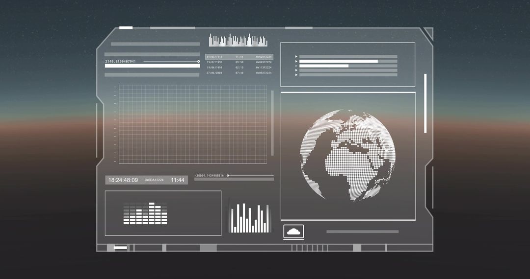 Futuristic HUD Interface Overlay Showing Dotted Globe, Graphs and Telemetry over Horizon