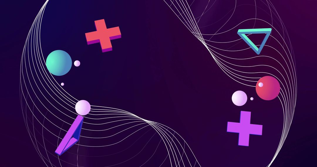 Colorful 3D Geometric Shapes on Dark Background with Lines