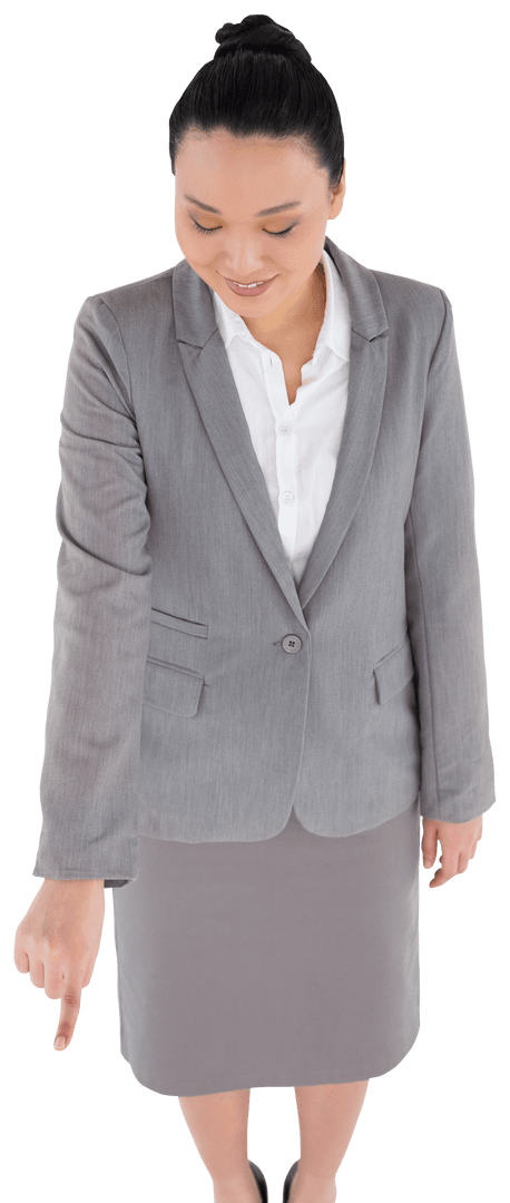 Transparent Businesswoman Pointing Down in Suit