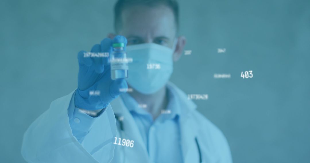 Doctor Holding Vaccine Vial with Overlay of Digital Statistics
