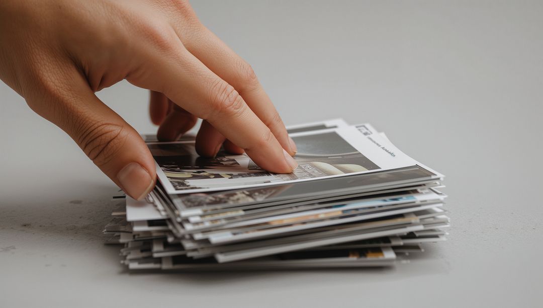 Closeup Hand Turning Glossy Print from Stack of Small Prints on Minimal Grey Tabletop