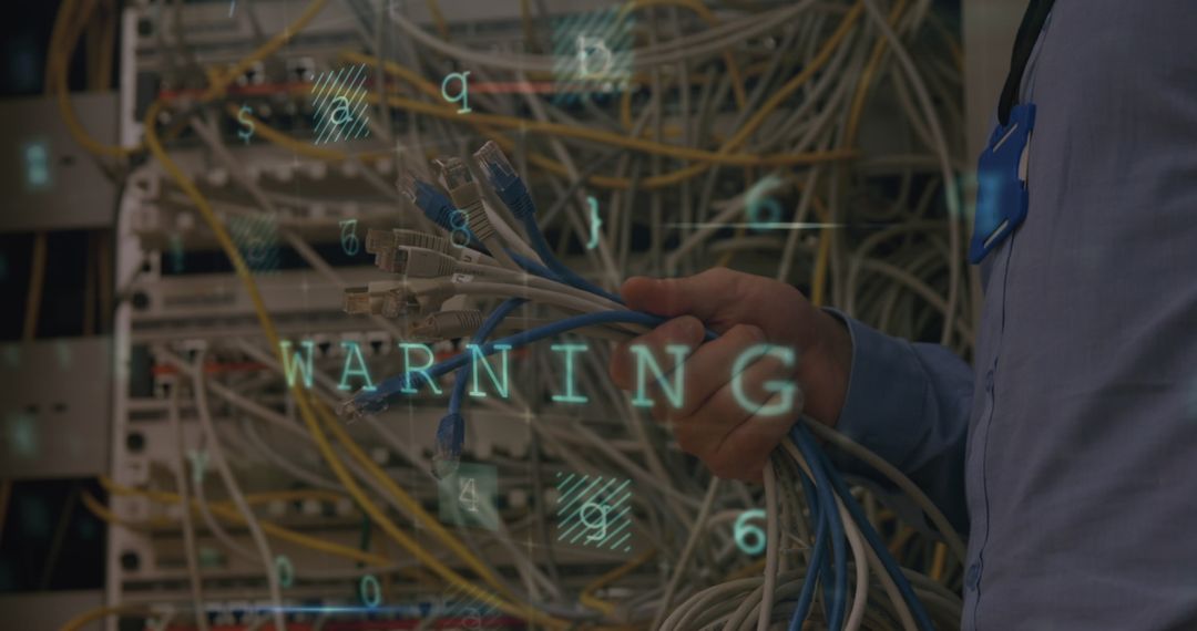 Technician Holding Cables with Warning in Server Room