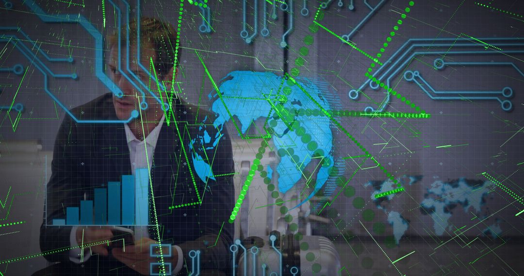 Business Executive Analyzing Futuristic Data on Tablet in Office