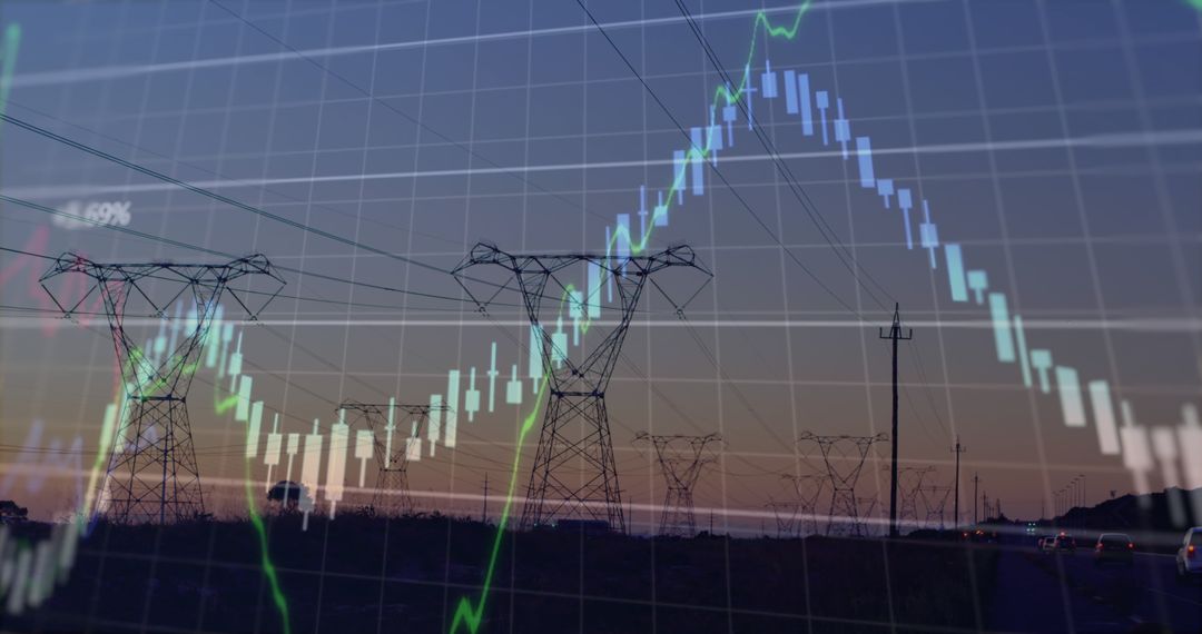 Financial Statistics Overlaying Utility Towers at Dusk