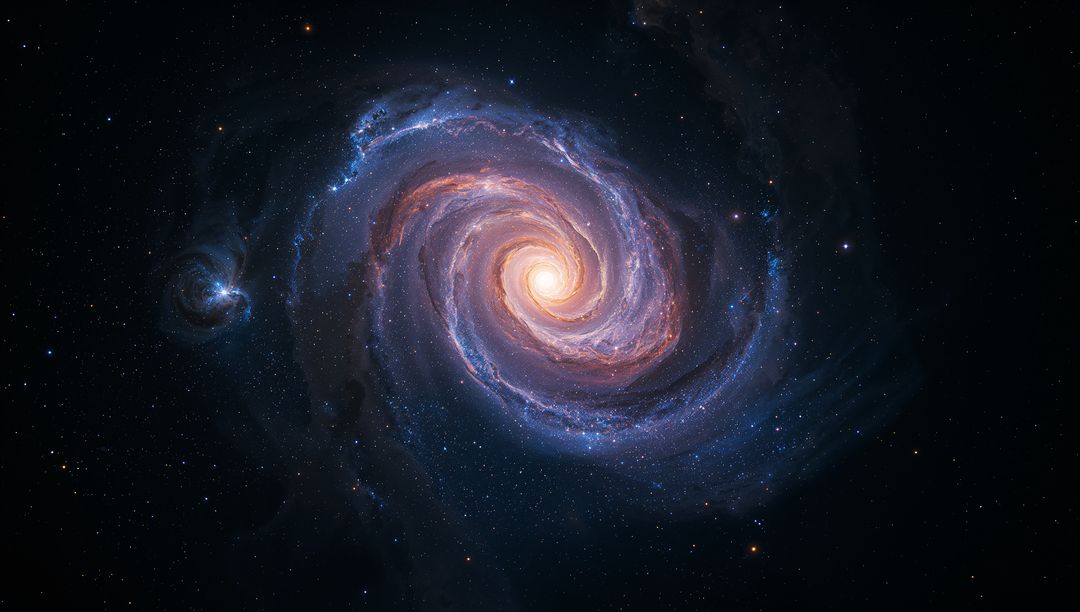 Luminous Spiral Galaxy Core with Blue Star-Forming Arms and Pink Nebula