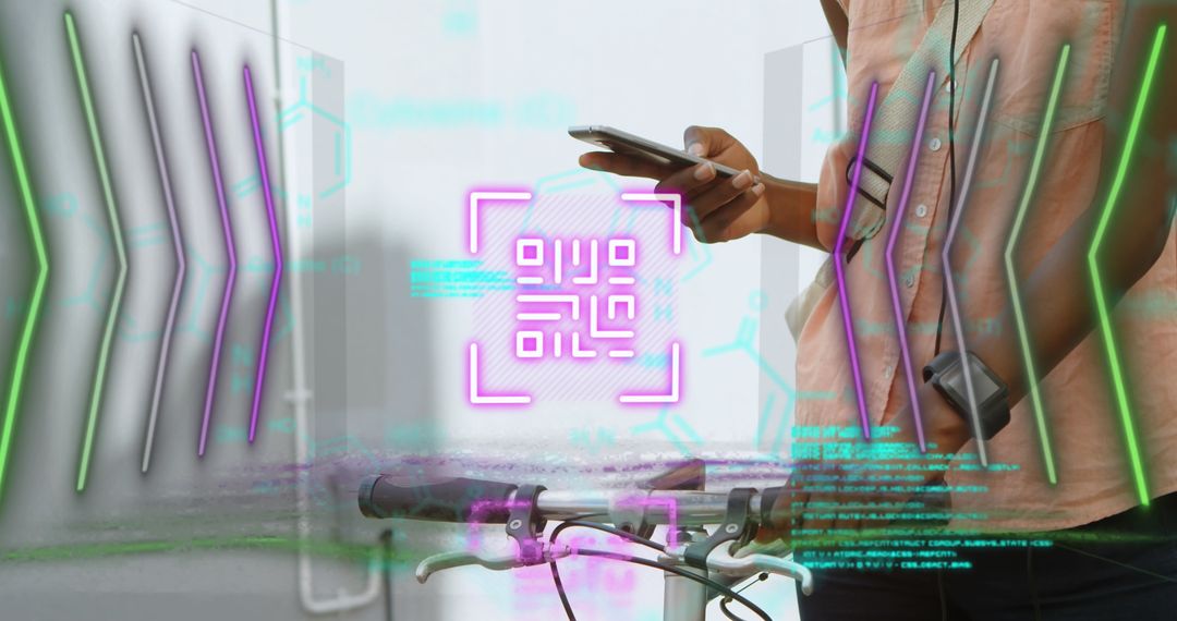 Woman Utilizing Smartphone with Neon QR Code Technology