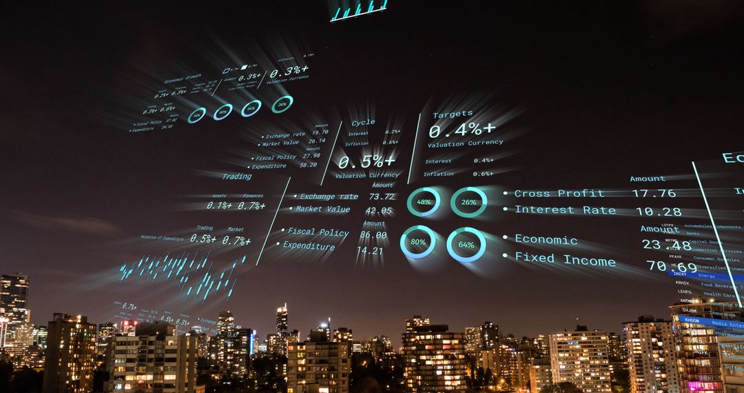 Digital Financial Data Streams Over Urban Nightscape