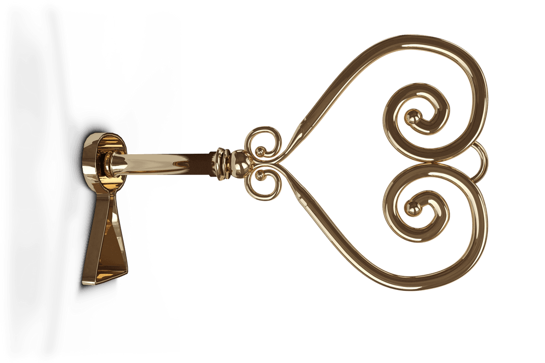 Ornate Golden Key in Keyhole on Transparent Background