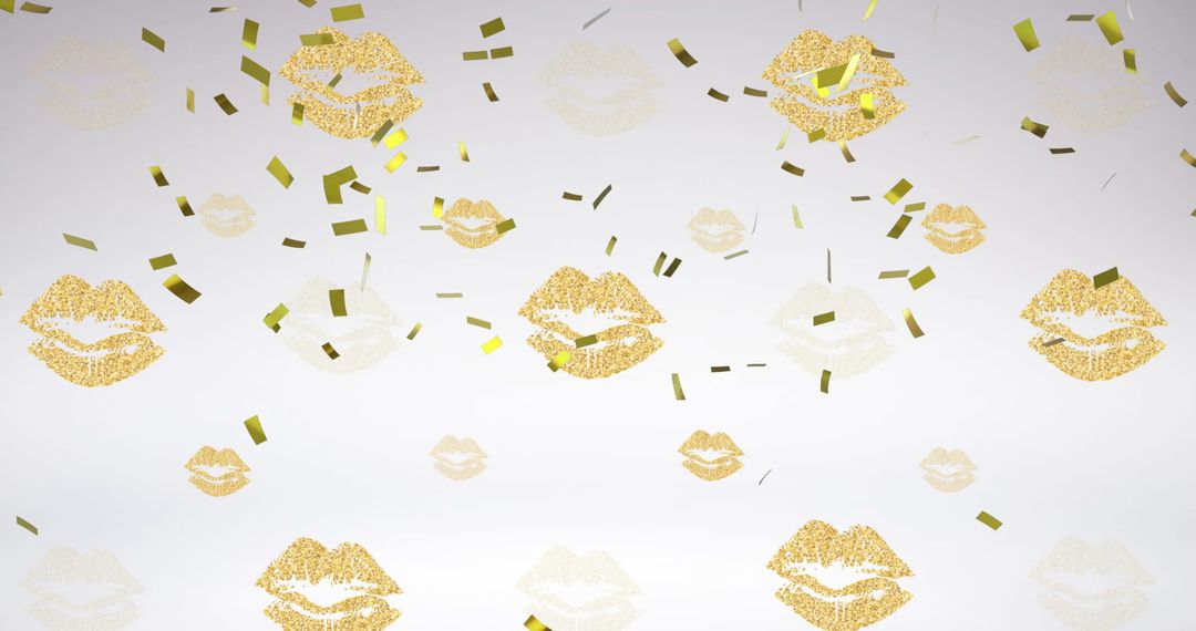 Golden Glitter Lips with Confetti on Gray Background