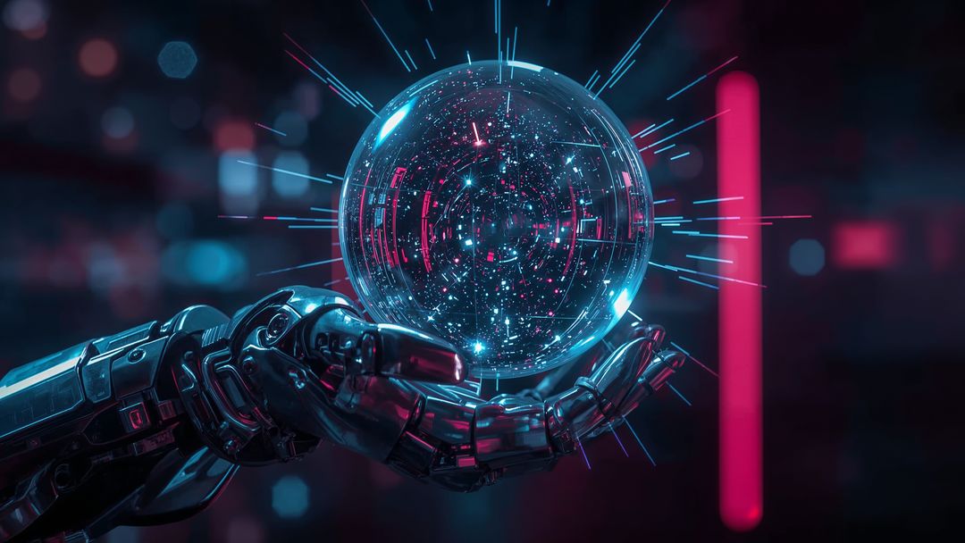 Robot Hand Holding Digital Orb in Futuristic Setting