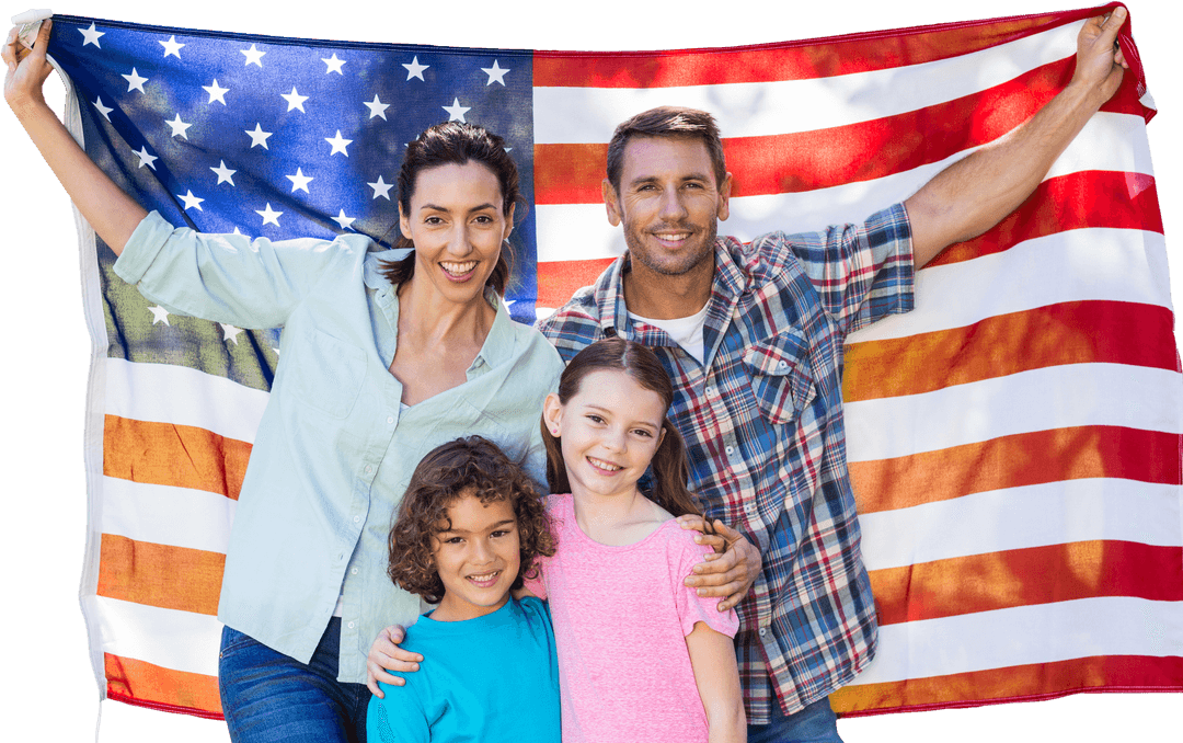 Happy Family Celebrating with American Flag on Transparent Background