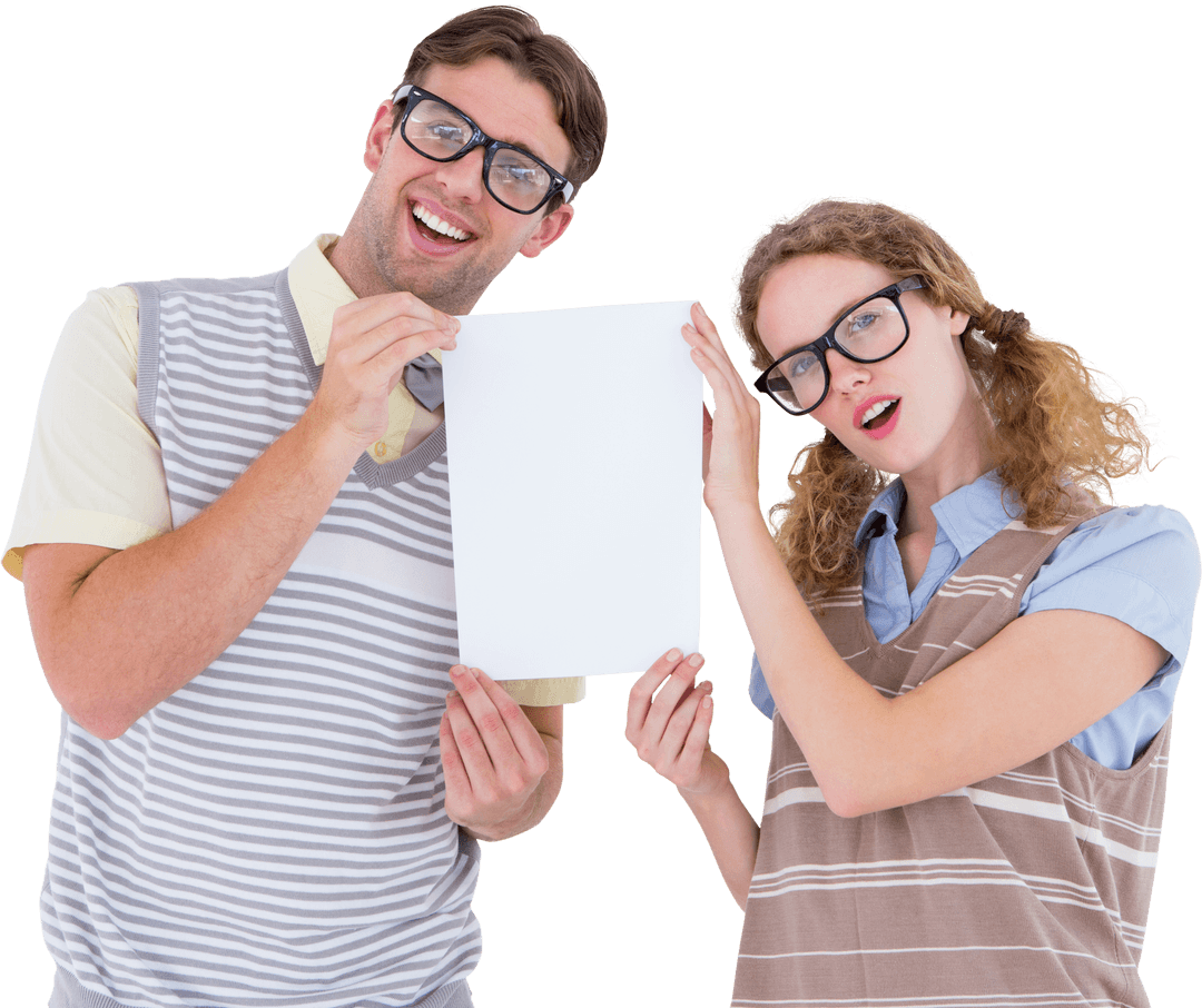 Transparent Geeky Hipster Couple Holding Blank Poster for Mockups