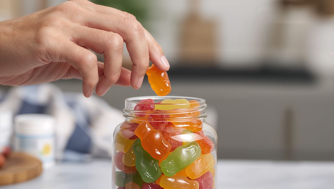 Hand Picking Orange Gummy from Glass Jar of Colorful Gummies on Kitchen Countertop