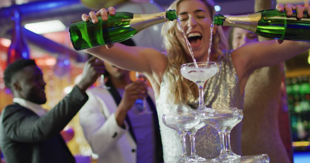 Image of happy caucasian woman pouring a champagne fountain into glasses at nightclub - Free Images, Stock Photos and Pictures on Pikwizard.com
